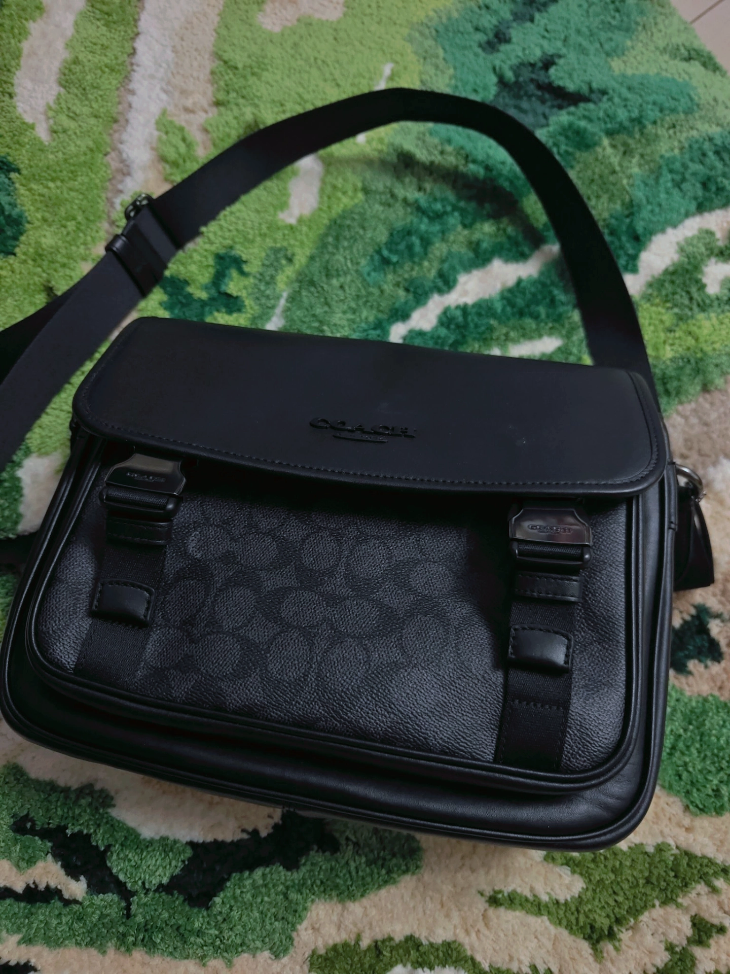 custom review-COACH Racer Покрытый холст с гладкой телячьей кожей курьерская сумка сумка через плечо мужская угольно-серый