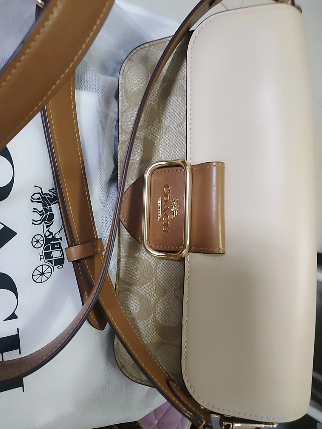 custom review-COACH Morgan Покрытый холст телячья кожа сумка через плечо большая женская светлый хаки