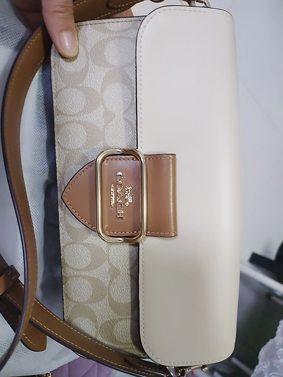 custom review-COACH Morgan Покрытый холст телячья кожа сумка через плечо большая женская светлый хаки