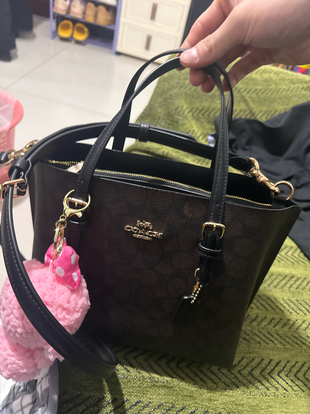 custom review-COACH Mollie Покрытие Холст с Кожей Вставка Плечо Сумка Средний Женский Цвет Орех Черный