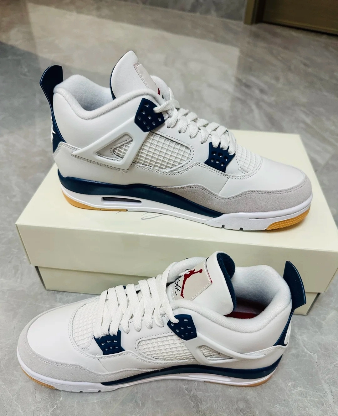 custom review-Nike SB x Jordan Air Jordan 4 'Темно-синий' Устойчивый к истиранию MID Топ Винтажные баскетбольные кроссовки Унисекс Белый Синий