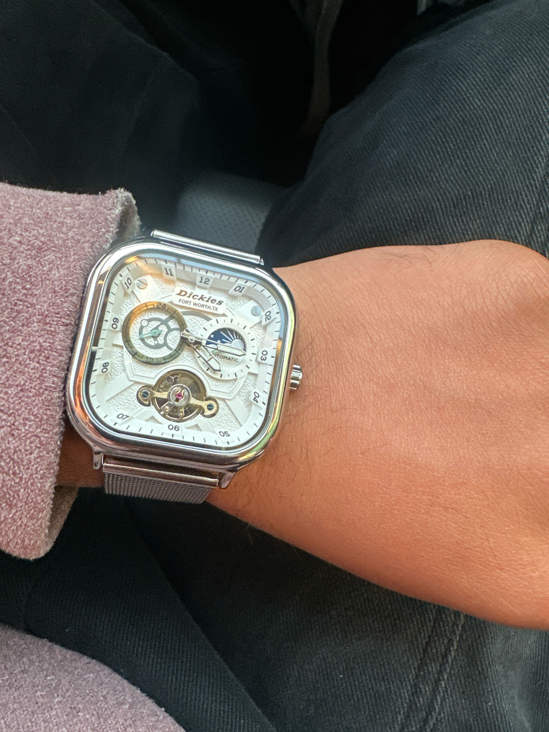 custom review-Dickies Солнце луна и звезды Наручные часы Механический механизм Стальной ремешок Черный циферблат Унисекс Коробка Лимитированная серия