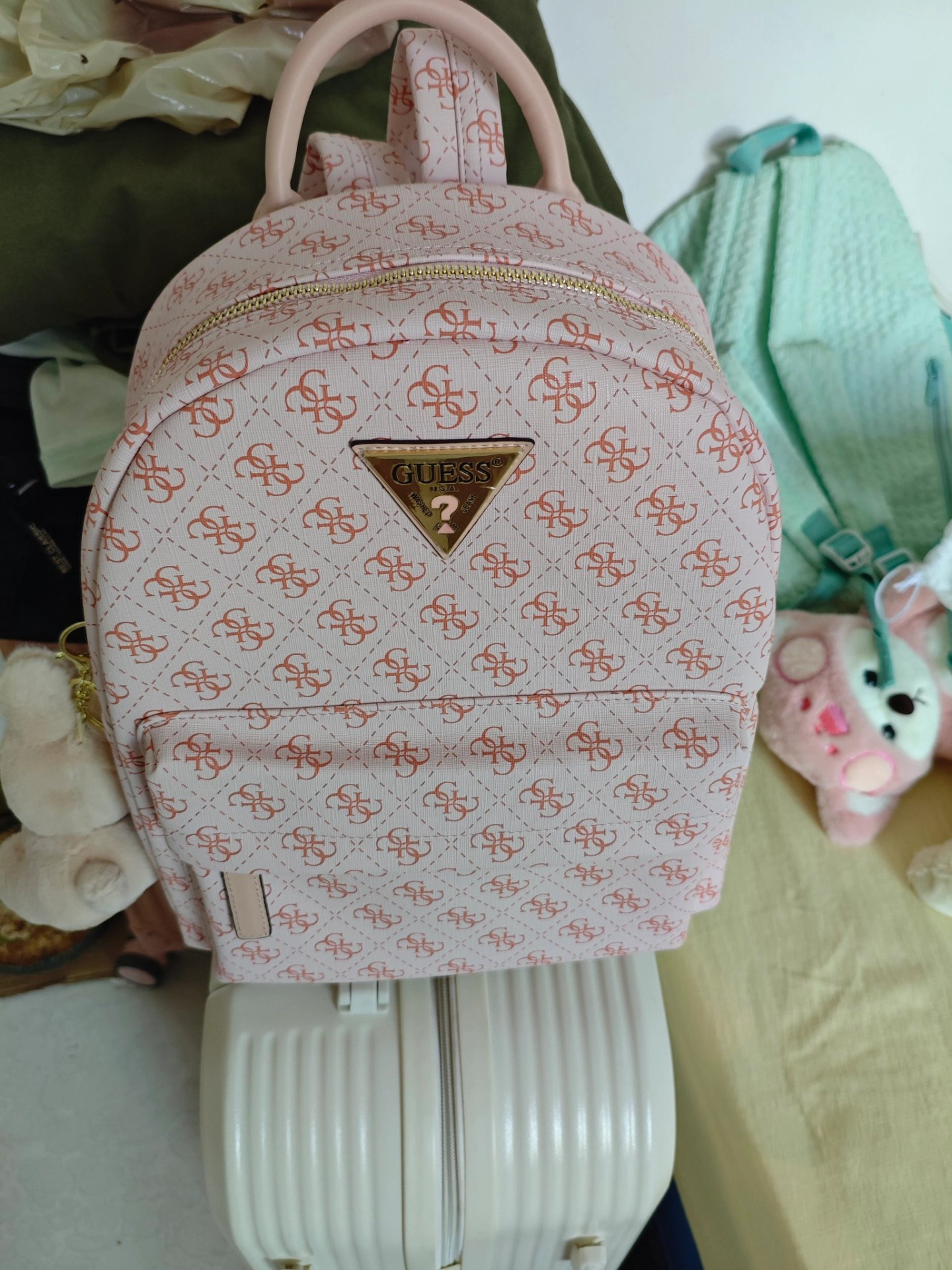 custom review-GUESS Microfiber Synthetic Leather Backpack Standard (Standard) Women's Cherry Blossom Pink