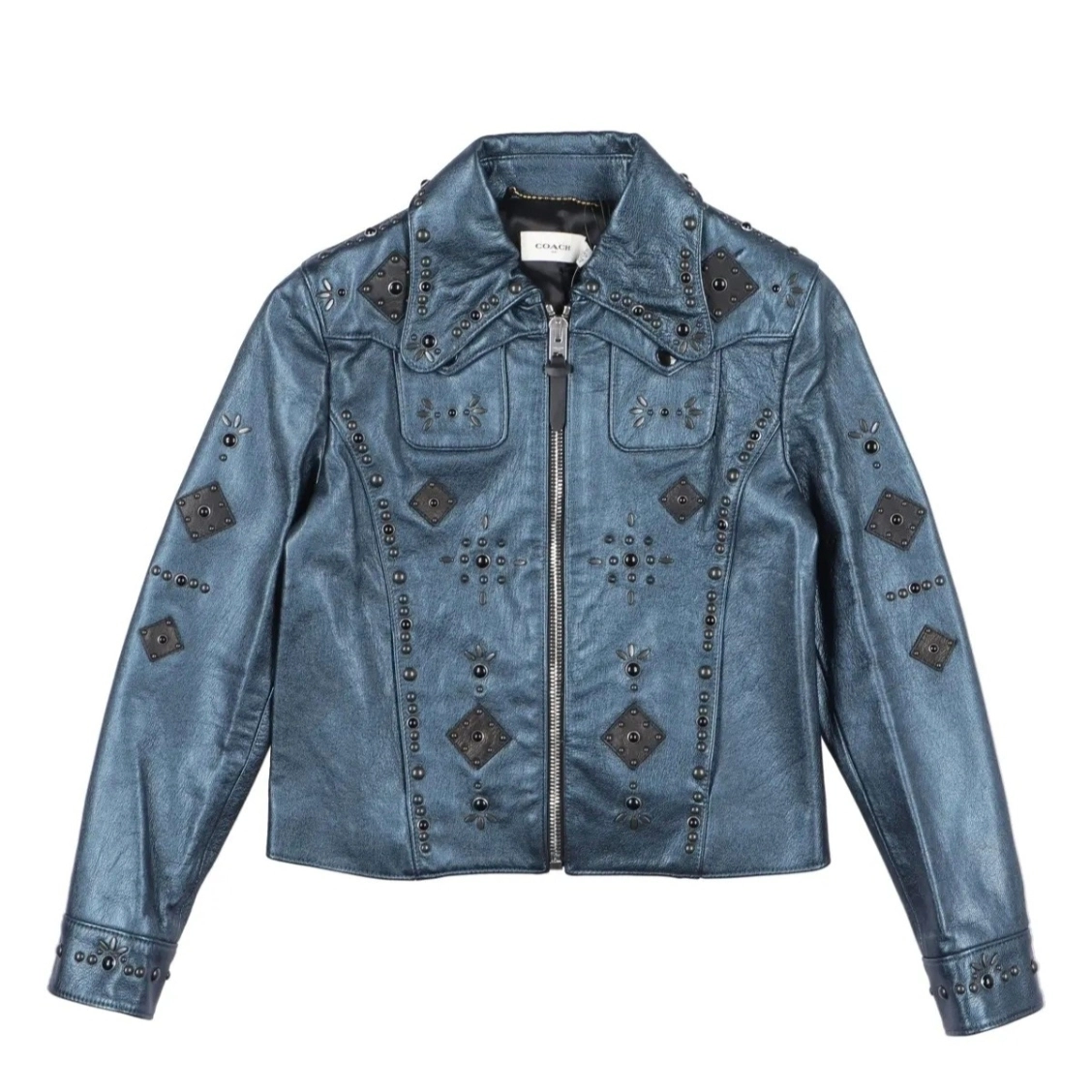 10码 coach/蔻驰 时尚翻领真皮拉链长袖夹克外套 女款 蓝色