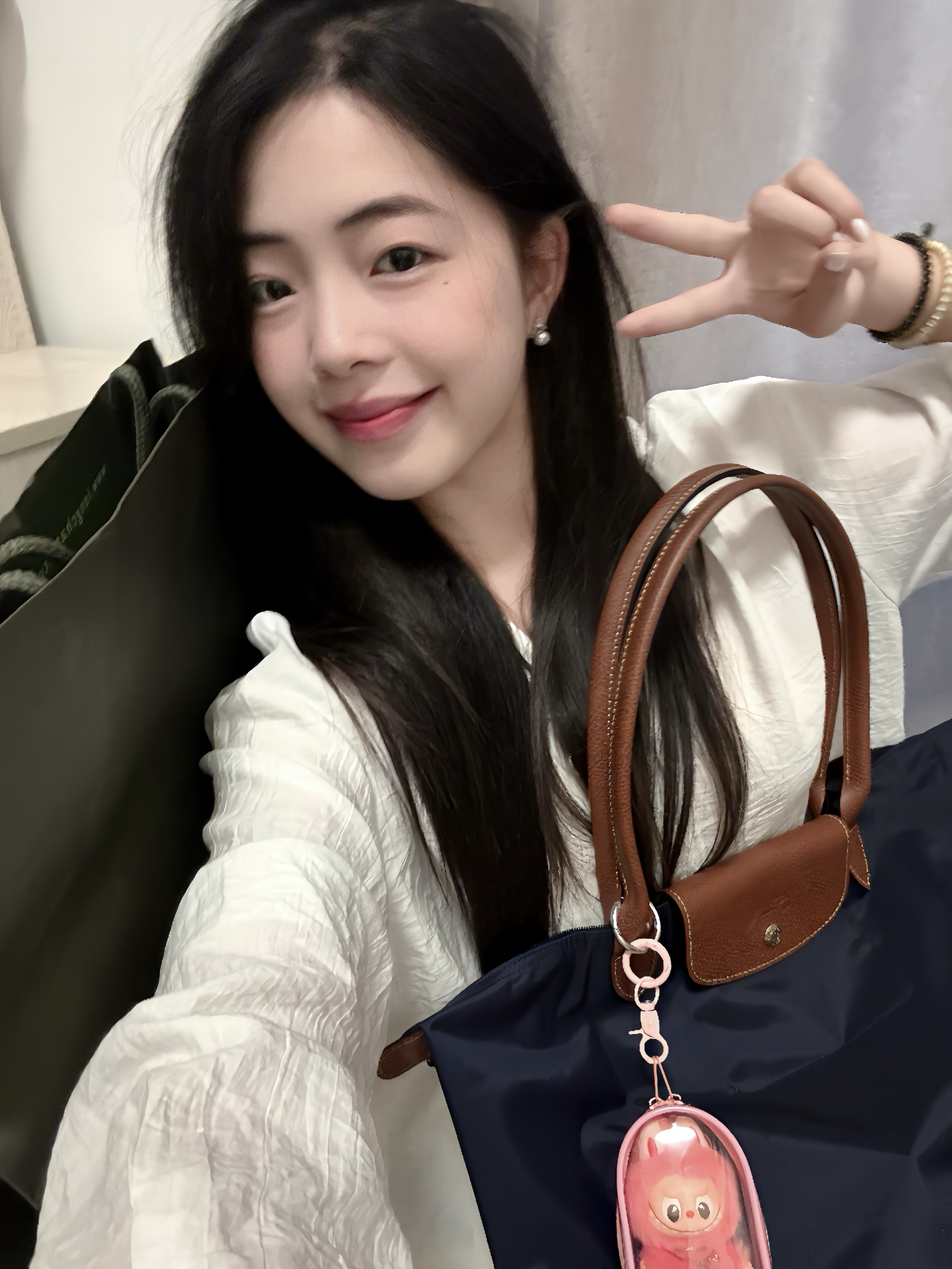 custom review-LONGCHAMP Le Pliage Холст и Кожа Сумка через плечо Большая Женская Морской Синий