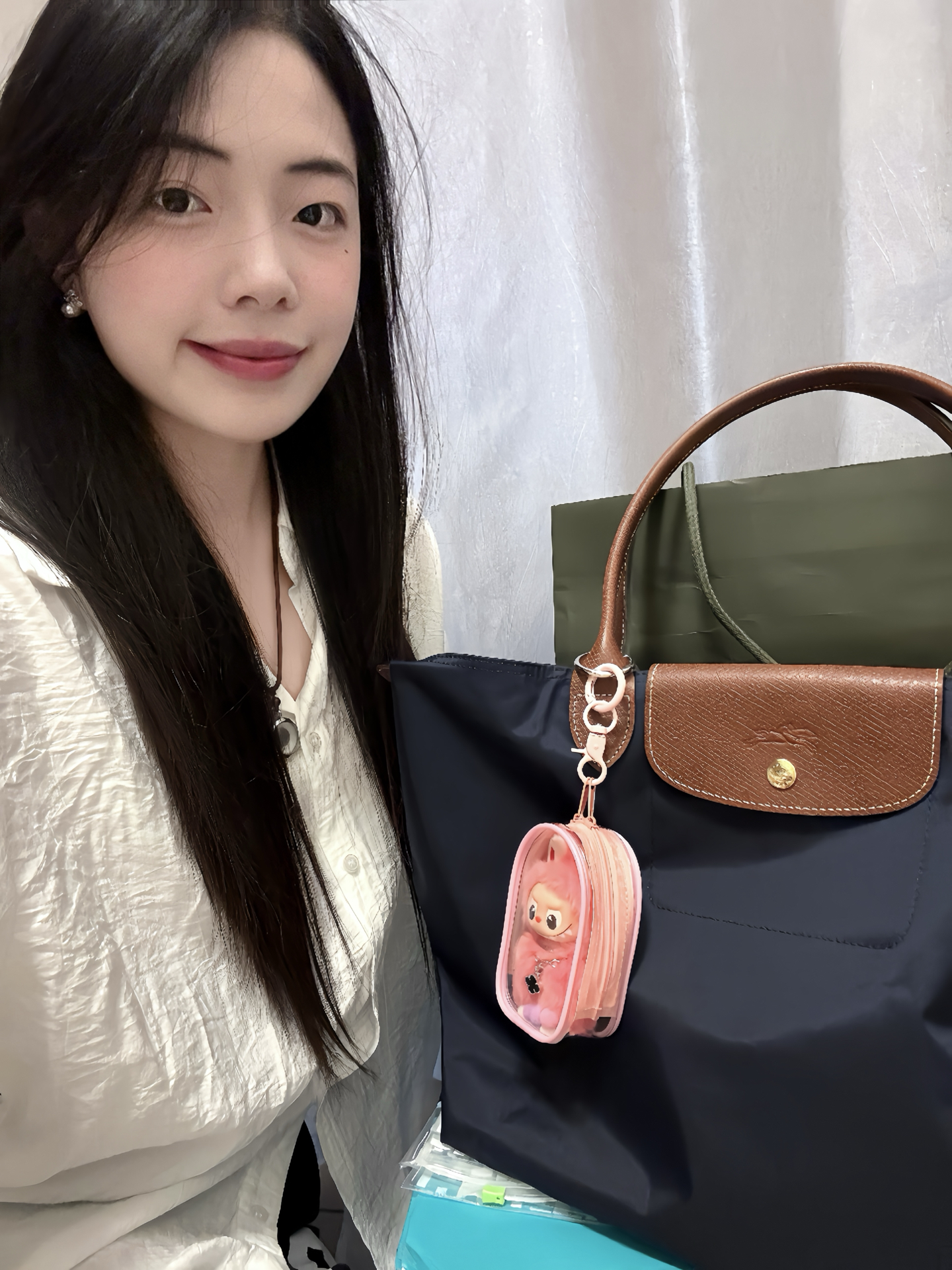 custom review-LONGCHAMP Le Pliage Холст и Кожа Сумка через плечо Большая Женская Морской Синий