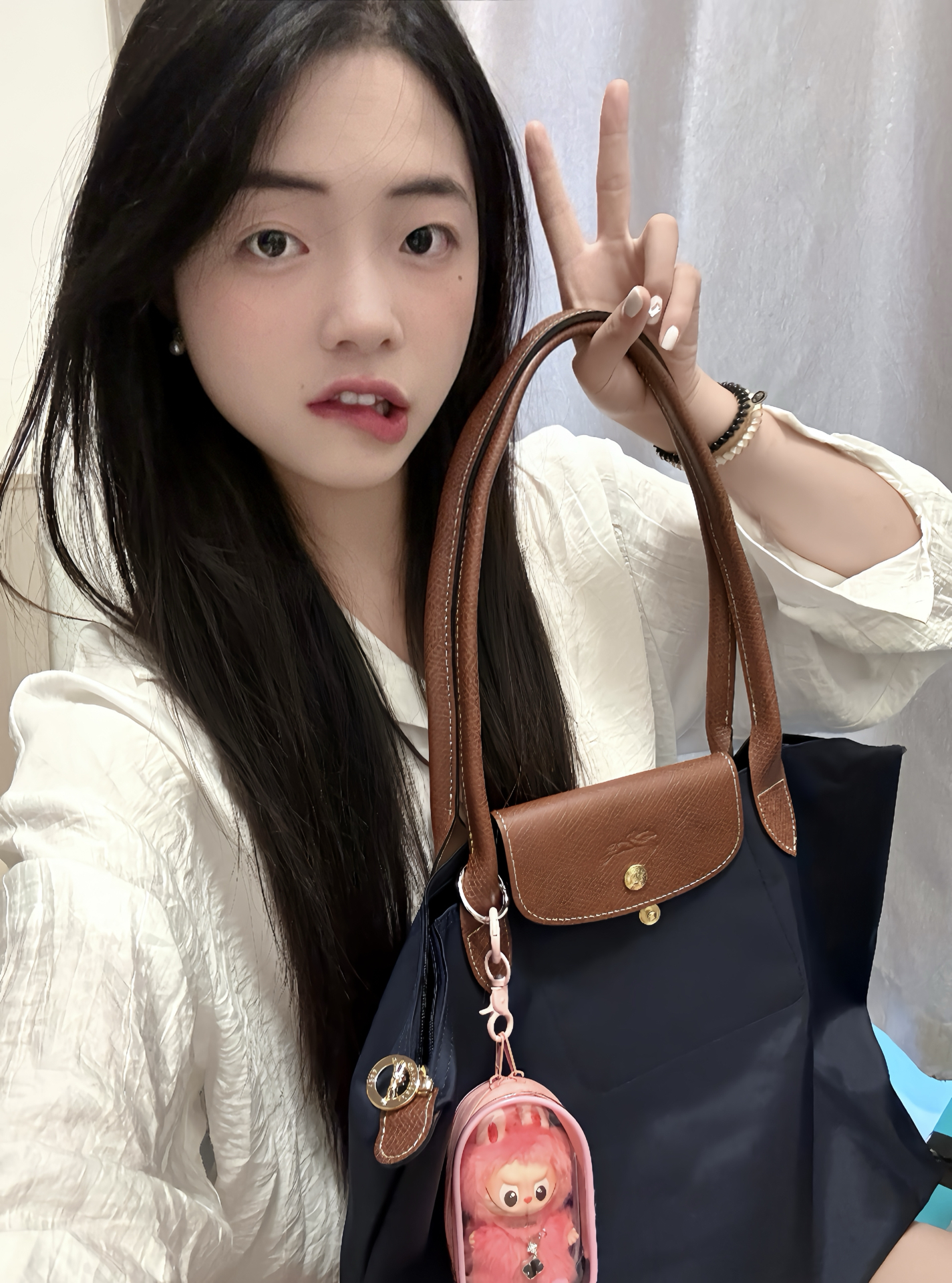 custom review-LONGCHAMP Le Pliage Холст и Кожа Сумка через плечо Большая Женская Морской Синий