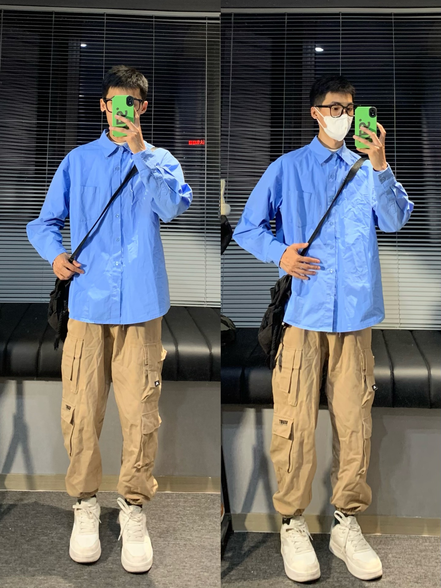 男朋友穿搭 蓝色衬衫搭配卡其色工装裤