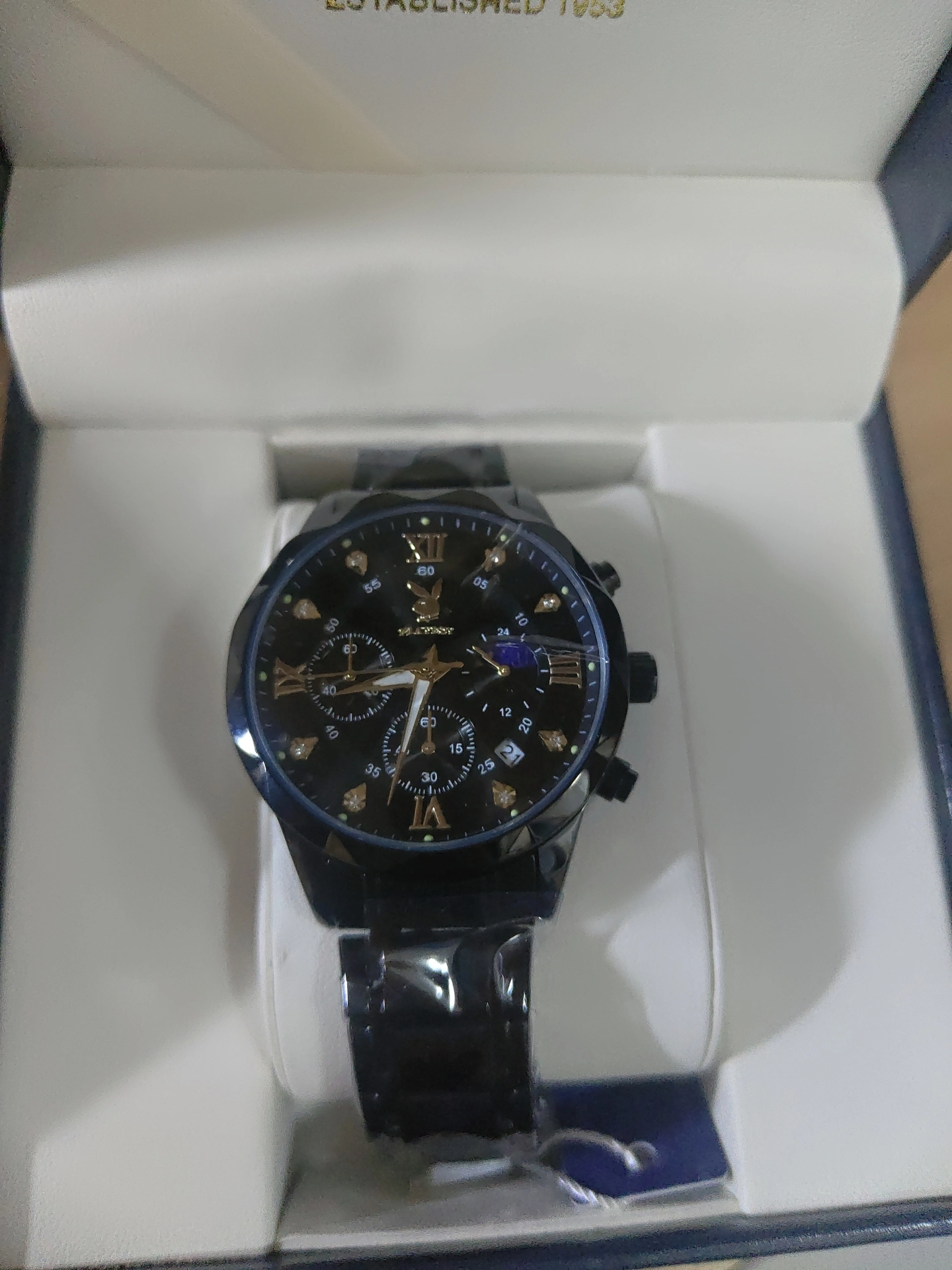 custom review-Коллекция стиля Playboy Кварцевый механизм Часы Мужские Черный циферблат