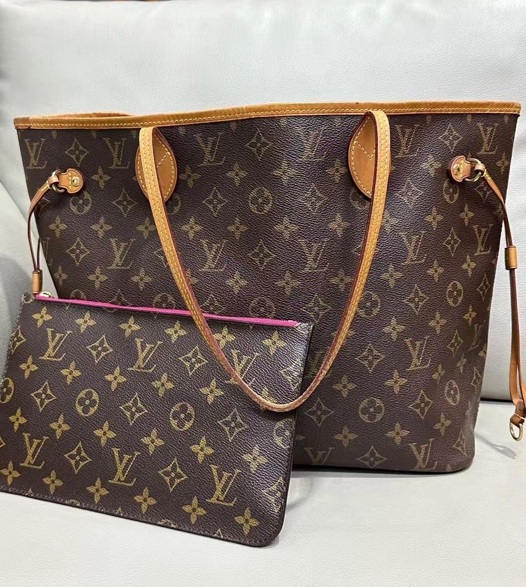 lv neverful 老花拼玫红色购物袋万年经典款