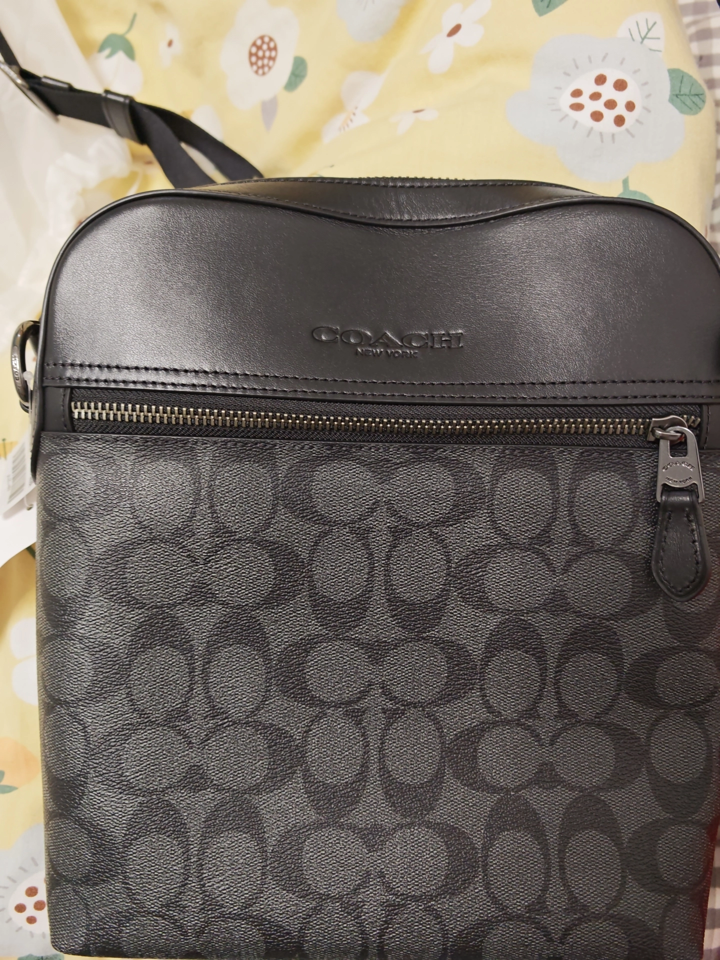 custom review-COACH Houston Покрытый холст с утонченной коровьей кожей Сумка через плечо Маленькая Мужская Угольно-черная