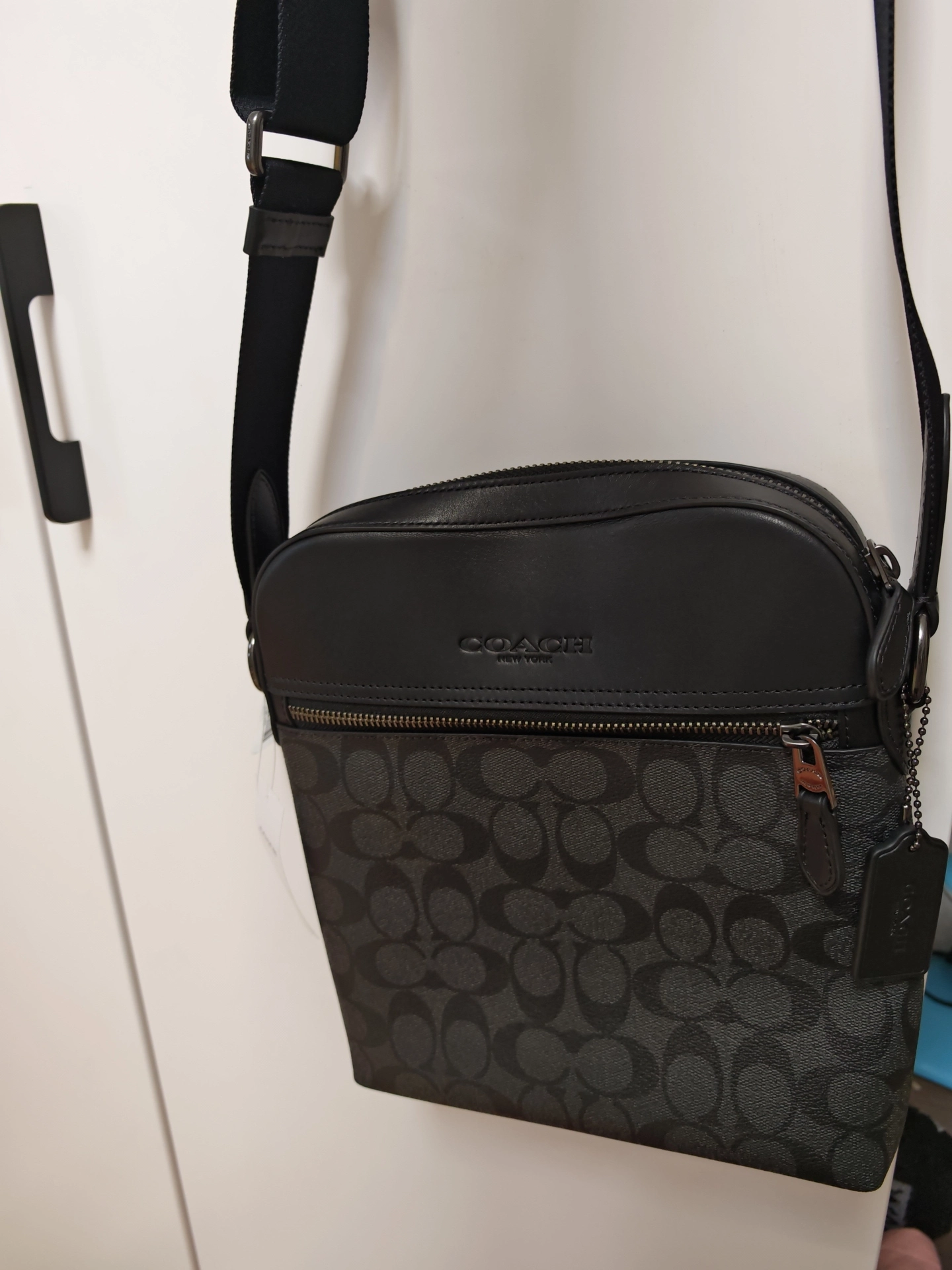 custom review-COACH Houston Покрытый холст с утонченной коровьей кожей Сумка через плечо Маленькая Мужская Угольно-черная