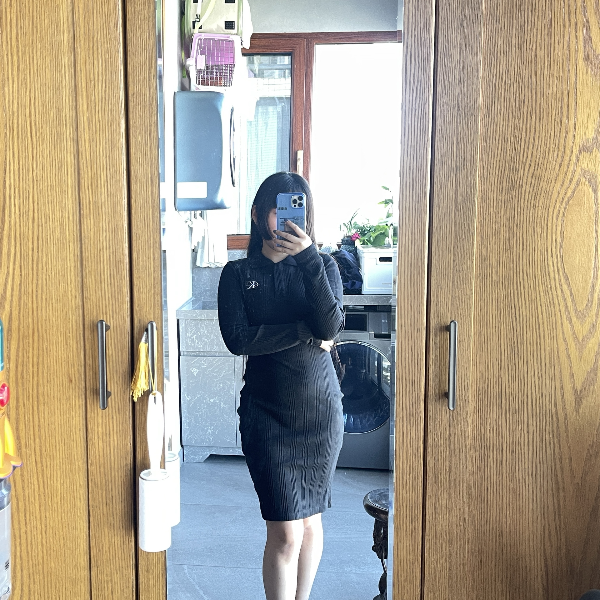 custom review-Calvin Klein Длинное платье с длинными рукавами для женщин цвет космический черный