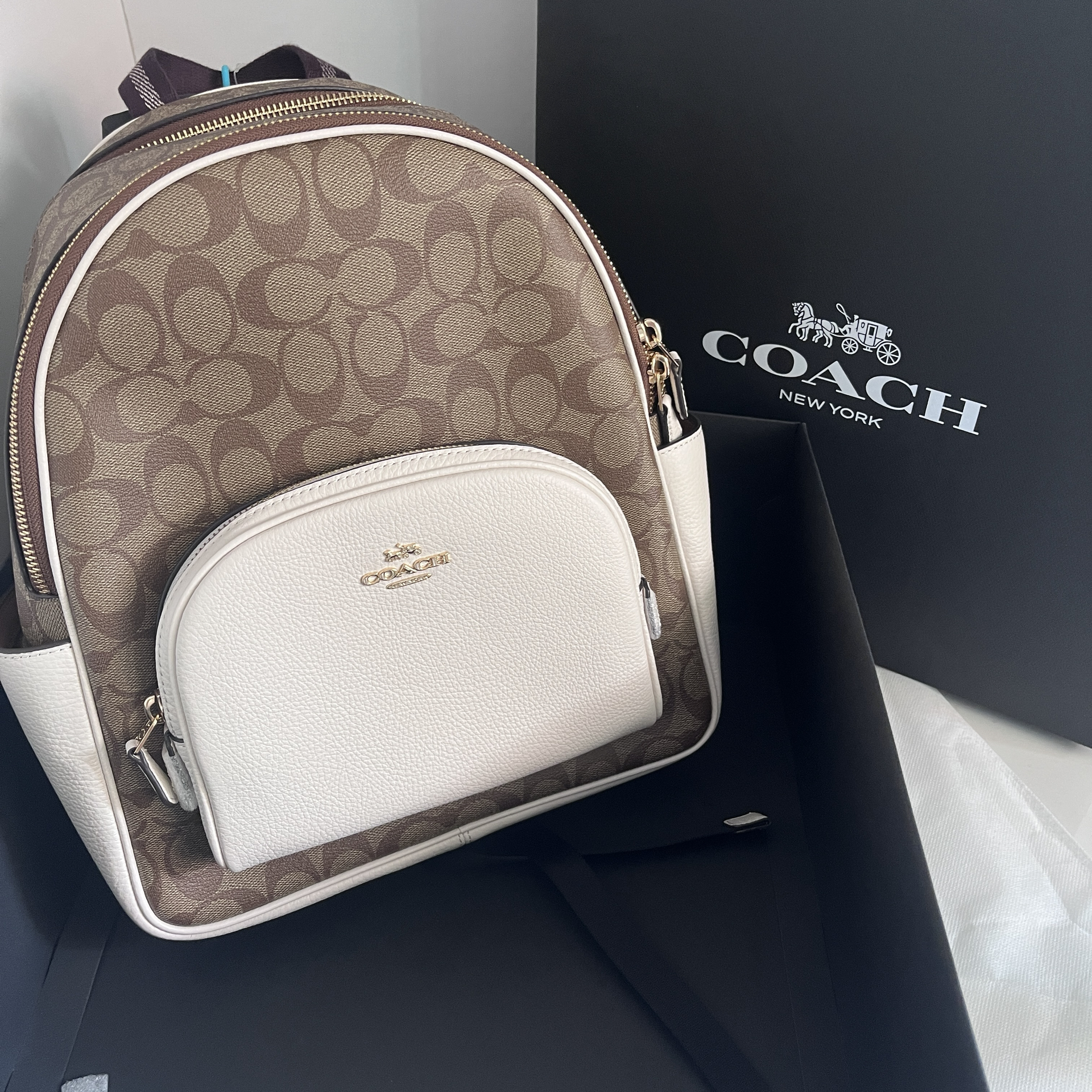 custom review-COACH Рюкзак из холста и кожи среднего размера для женщин белый и коричневый