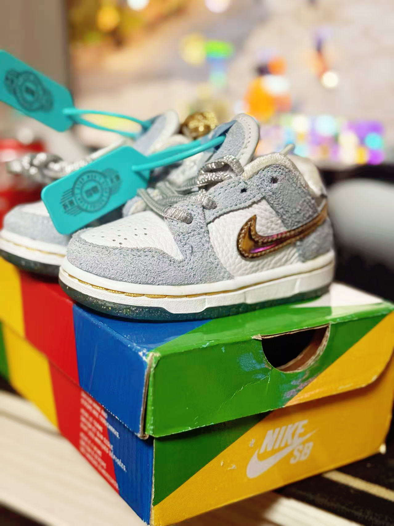 custom review-Nike Dunk SB Pro QS 'Праздника Особенный' Низкие Кроссовки для скейтбординга Белые и Синие Золотые Infant and Toddler