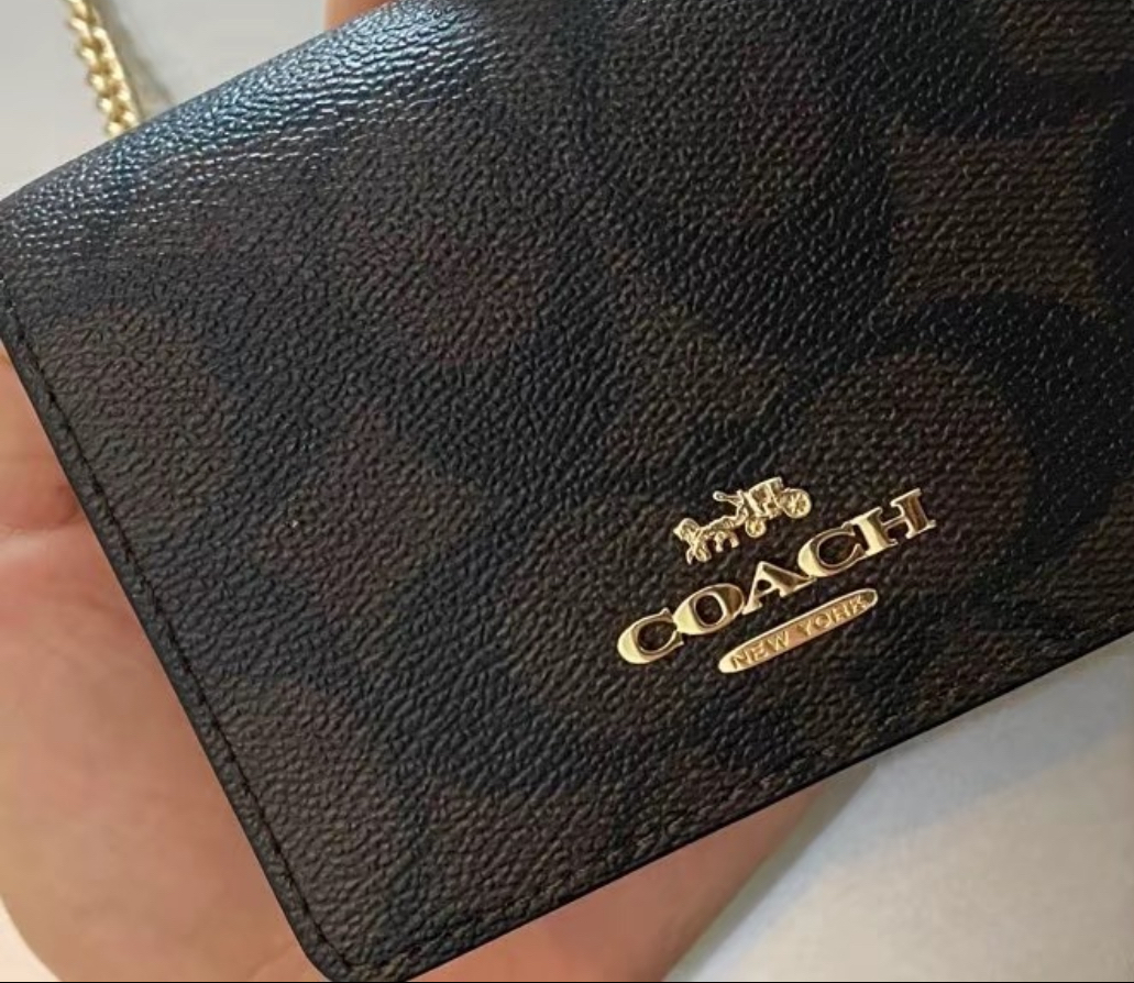 custom review-COACH Цепочка Холст с кожей Цепочка Кошелек Сумка через плечо Сумка на плечо Мини Женская Темно-коричневая