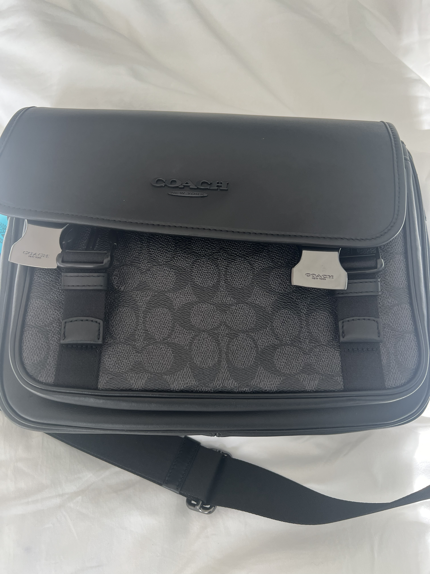 custom review-COACH Racer Покрытый холст с гладкой телячьей кожей курьерская сумка сумка через плечо мужская угольно-серый