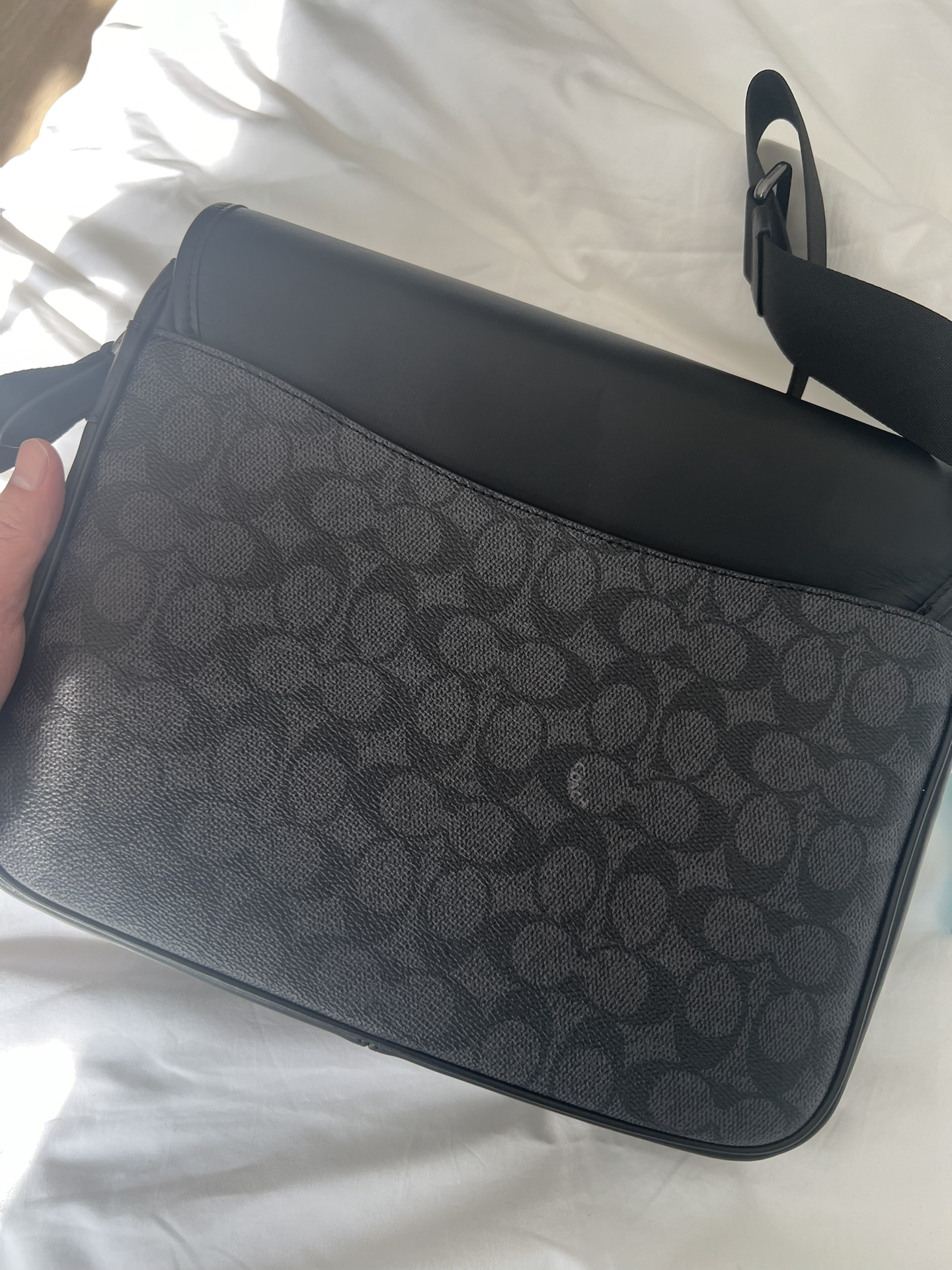 custom review-COACH Racer Покрытый холст с гладкой телячьей кожей курьерская сумка сумка через плечо мужская угольно-серый