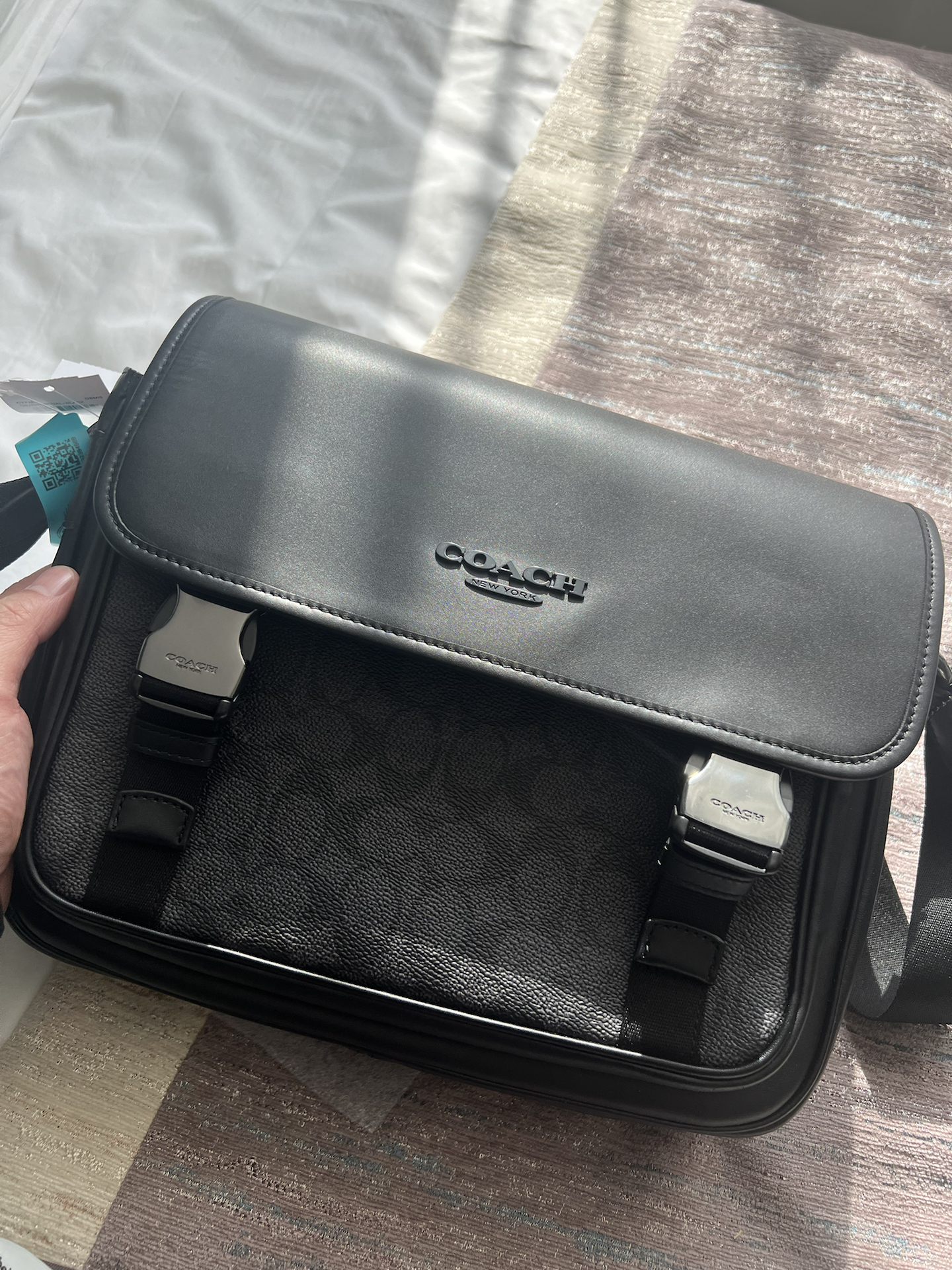 custom review-COACH Racer Покрытый холст с гладкой телячьей кожей курьерская сумка сумка через плечо мужская угольно-серый