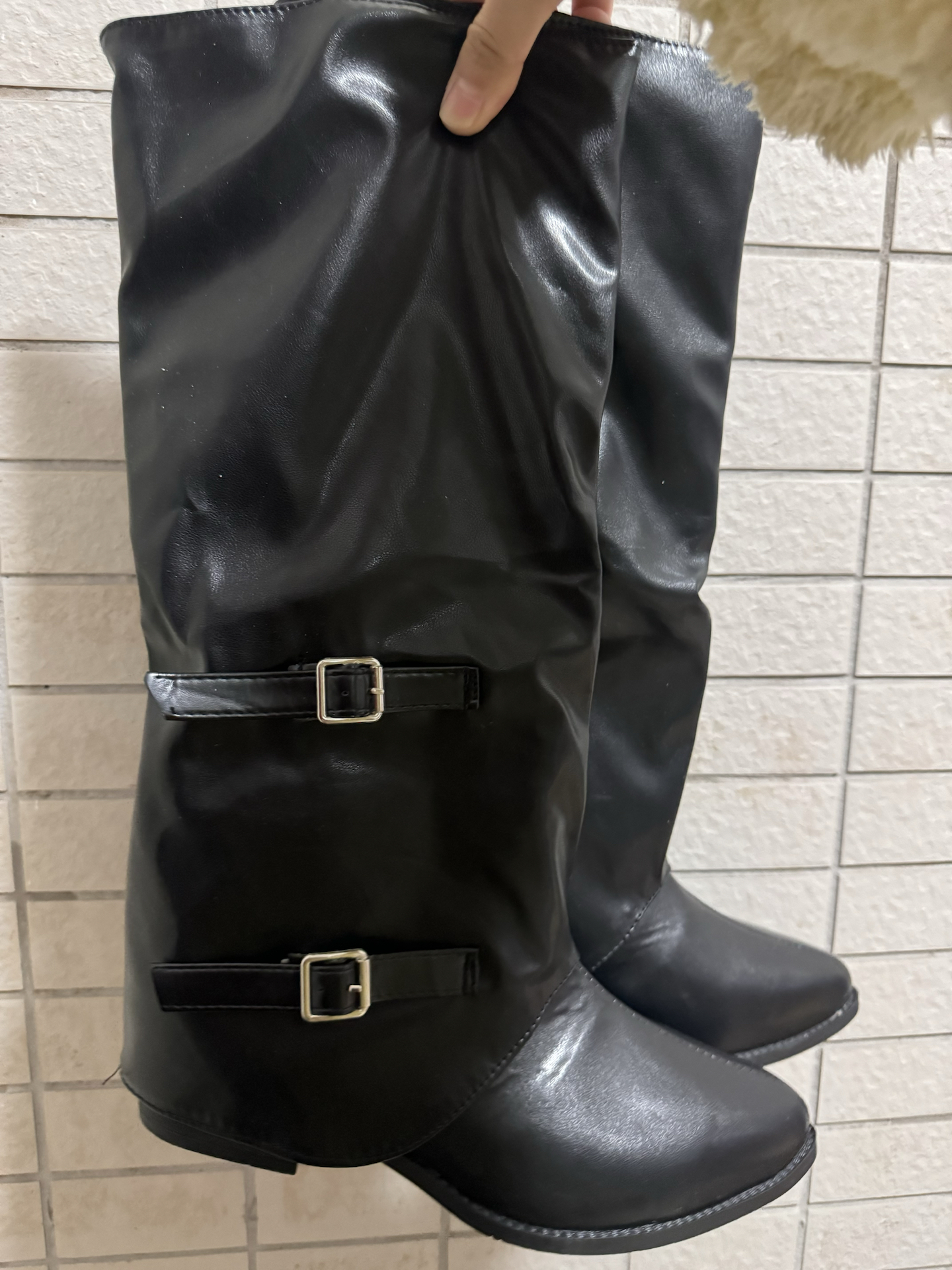 custom review-CHERRY&KALIKA Casual French Retro Pointed Elegant High Design Comfort Fashion Belt Buckle Pleated Stacked Boots Petite Slim Leg-Lengthening Cool Autumn Biker Chic Knee-High Boots Women