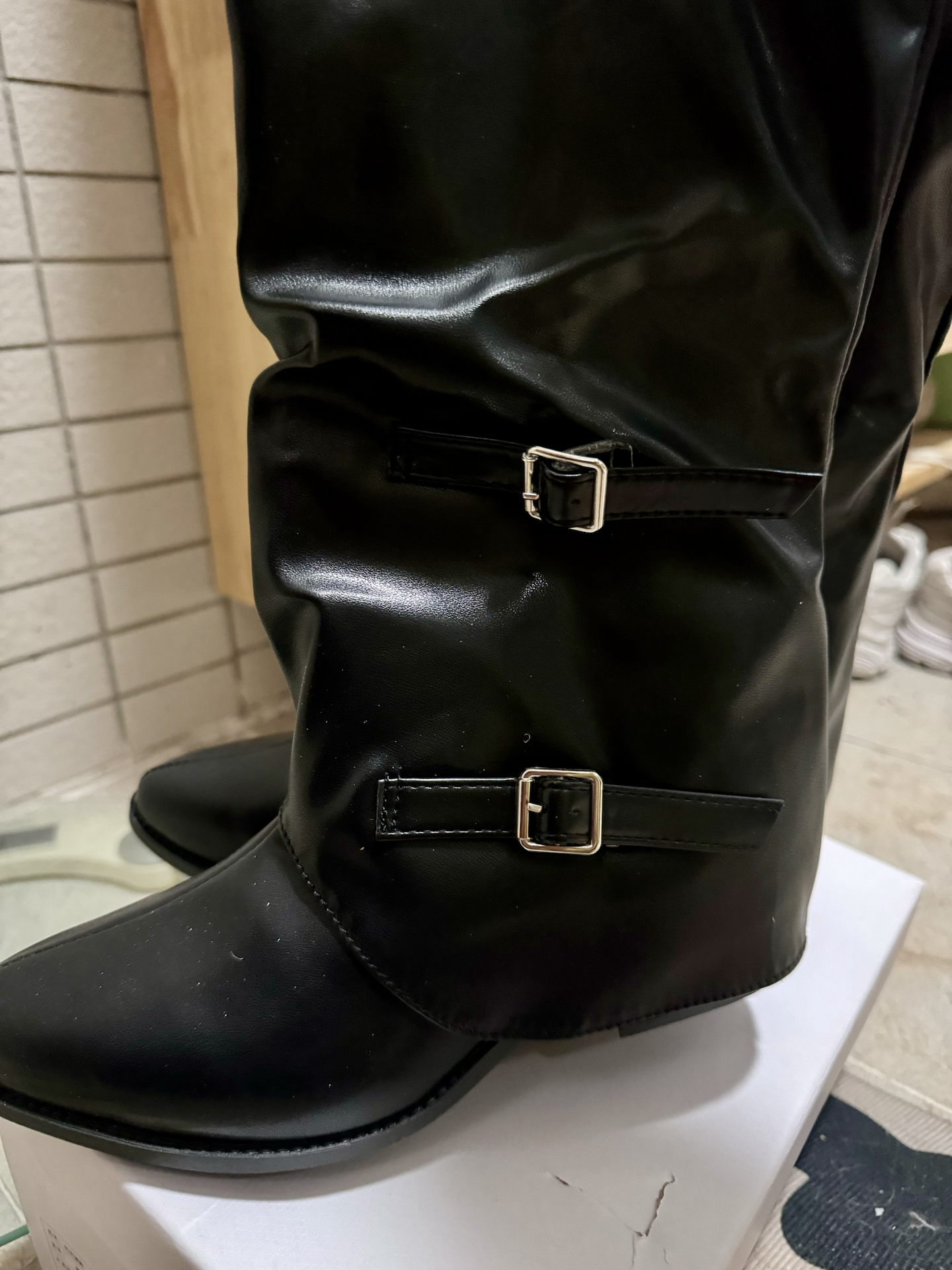 custom review-CHERRY&KALIKA Casual French Retro Pointed Elegant High Design Comfort Fashion Belt Buckle Pleated Stacked Boots Petite Slim Leg-Lengthening Cool Autumn Biker Chic Knee-High Boots Women