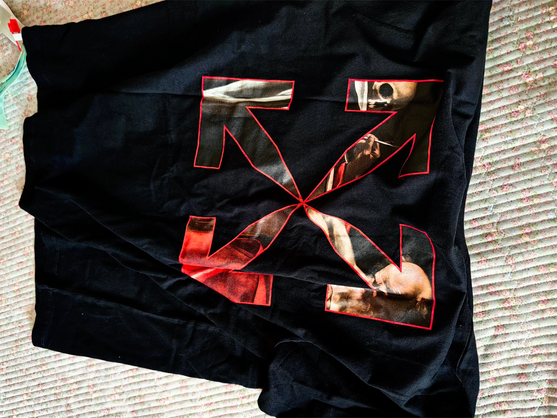 custom review-OFF-WHITE Футболка с принтом черепа и религиозным узором, мужская, черная