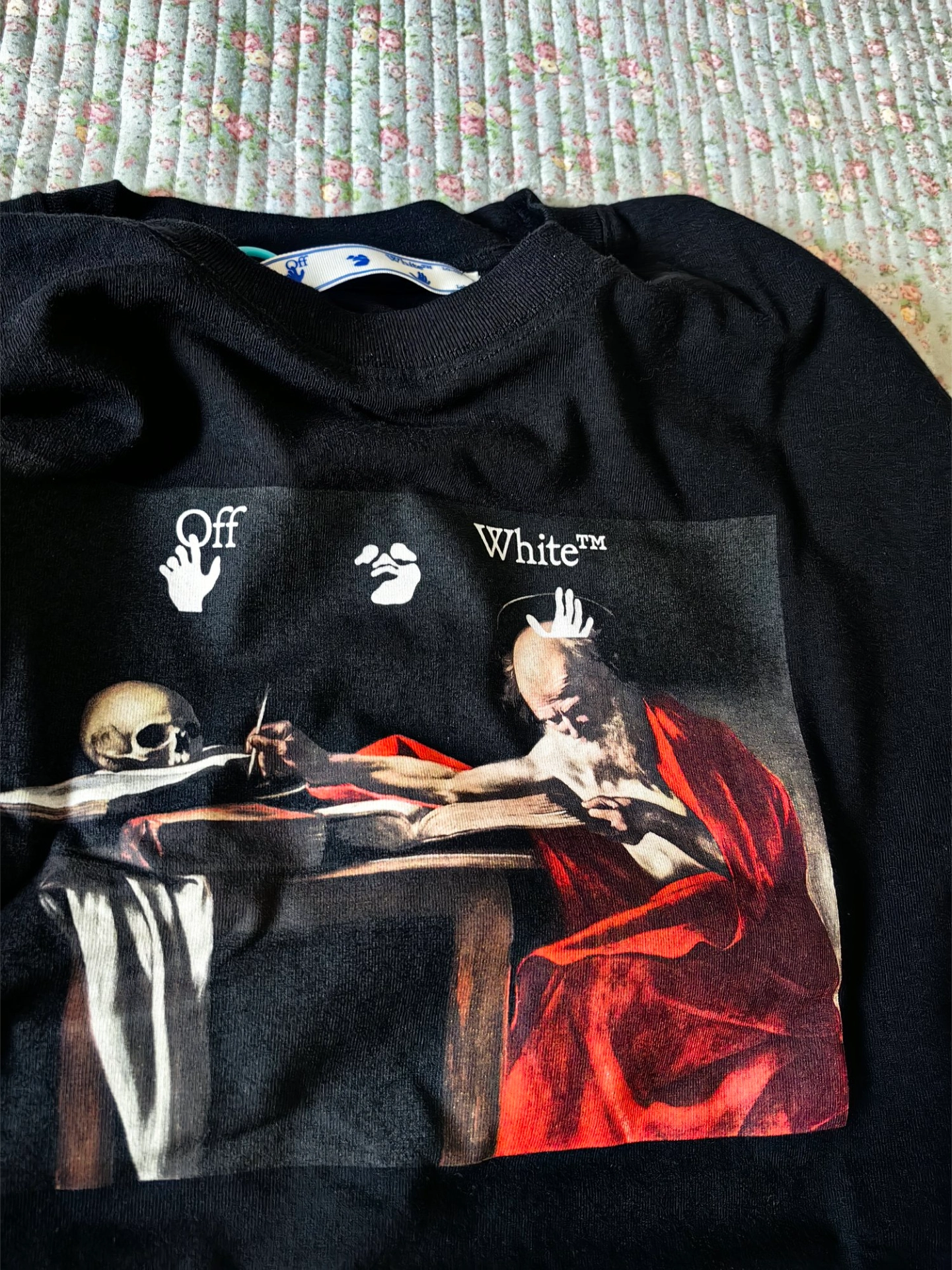 custom review-OFF-WHITE Футболка с принтом черепа и религиозным узором, мужская, черная